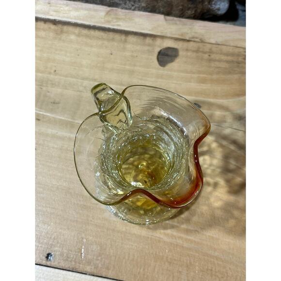Vintage Amber Crackle Glass Small Pitcher w/ handle. Ruffle Lip. 4" tall. - Picture 5 of 7